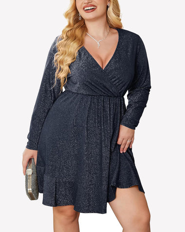 Zeagoo Plus Size Glitter Dress Long Sleeve Ruffle He... - Zeagoo Black / 24 Plus Zeagoo Plus Size Glitter Dress Long Sleeve Ruffle He... - Zeagoo Black / 24 Plus