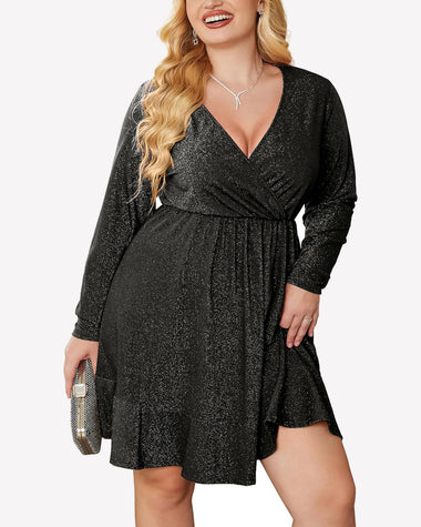 Zeagoo Plus Size Glitter Dress Long Sleeve Ruffle Hem Swing Dresses Pink / 16 Plus Zeagoo Plus Size Glitter Dress Long Sleeve Ruffle Hem Swing Dresses Pink / 16 Plus