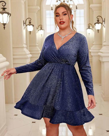 Zeagoo Plus Size Glitter Dress Long Sleeve Ruffle Hem Swing Dresses Pink / 16 Plus Zeagoo Plus Size Glitter Dress Long Sleeve Ruffle Hem Swing Dresses Pink / 16 Plus