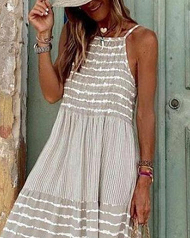Casual Loose Long Beach Dresses Vintage Striped Print Patchwork Maxi Dress