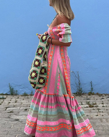 Geometric Color-block Bohemian Pleated Patchwork Half-sleeved Square-neck Dress