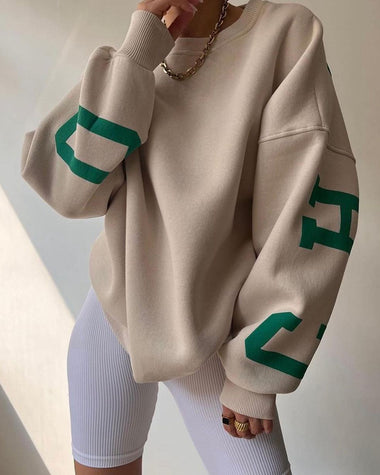 Oversize Sweatshirt Chicago Letter Graphic Long Sleeve Crewneck Pullover Top