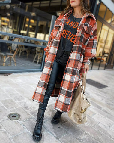 Flannel Wool Blend Plaid Lapel Button Down Shirt Long Sleeve Shacket Jacket with Pockets