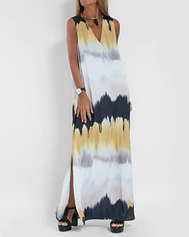 V Neck Tie Dyed Print Split Reversible Sleeveless Dress