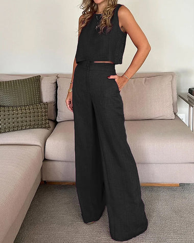 Chic Two Piece Outfits Sleeveless Crop Tops Wide Leg Pants Set