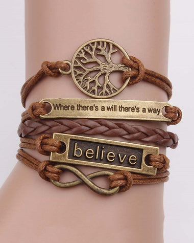 1pc Multilayer Braided Leather Bracelet With Tree Of Life, Infinity Symbol And Believe Charm