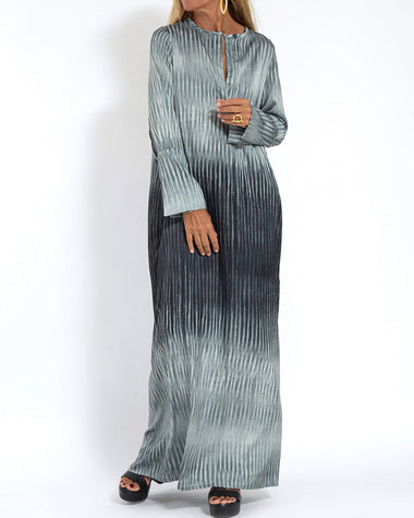 Ombre Print Long Sleeve Pleated Long Dress