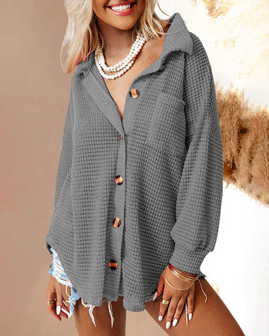 Casual Long Sleeve Top Solid Color Lapel Loose Mid Length Shirt Jacket