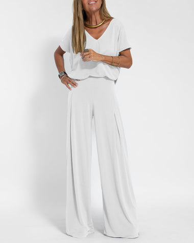 Casual Two Pieces Set Short Sleeve V neck Tops and Wide Leg Long Pants