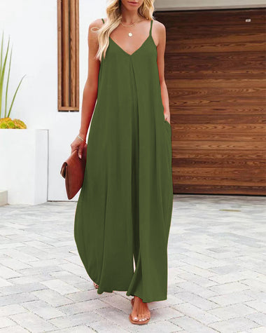 summer solid color v neck suspenders wrapped wide leg long rompers pant jumpsuits