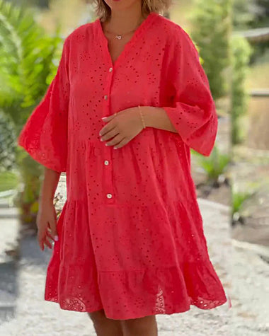 V-Neck 3/4 Sleeve Loose Embroidered Hollow Out Plus Size Blouse Dress