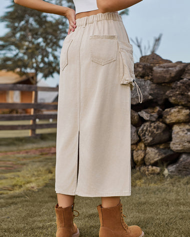 Casual High Waist Denim Midi Skirt Drawstring Adjustable Long Jeans Skirt with Pockets