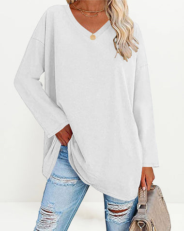 Solid Color V Neck Long Sleeve Pullover Basic Tshirts Casual Sweatshirts