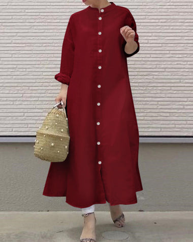 Casual Loose Shirt Dresses Plain Color Stand Up Collar Long Sleeved Cardigan