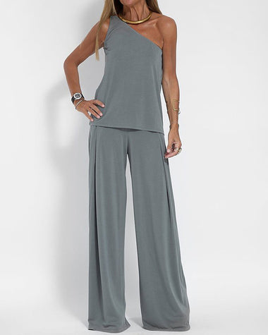 Three-Piece Set One-Shoulder Vest T-Shirt, Sleeveless Open-Front Cardigan, and Wide-Leg Pants