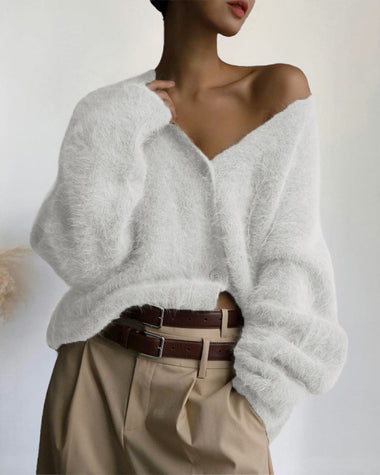 Fuzzy V Neck Loose Cardigan Sweater