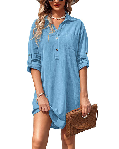 Zeagoo Women's Cotton Shirt Dress Button Down Roll-Up Sleeve Linen Henley Tunic Top Summer Beach Coverup (US Only)