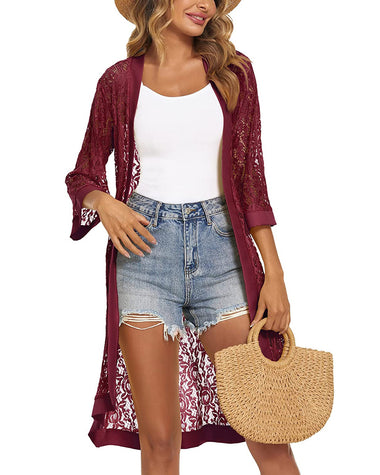 Zeagoo Women Lace Crochet Coverups Open Front Cardigan Sheer Cover Up 3/4 Sleeve Kimono (US Only)