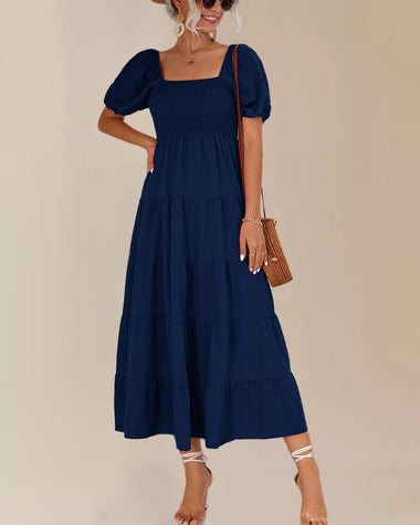 Square Neck Puff Short Sleeve Smocked Boho Maxi Dress Casual Flowy A Line Vacation Long Dress