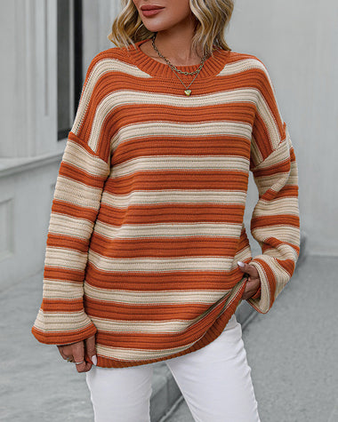 Striped Sweater Women Knitted Crew Neck Pullover Sweater
