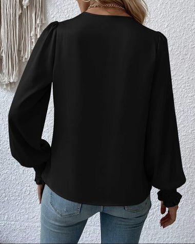 Elegant V-neck Lantern Sleeve Blouse Temperament Solid Color Shirt