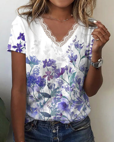 Summer Tee Tops Lace Trim Tunic Short Sleeve V Neck Boho Floral Print Shirts