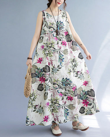 Sleeveless Beach Dress Vintage Loose Floral Print Maxi Dress
