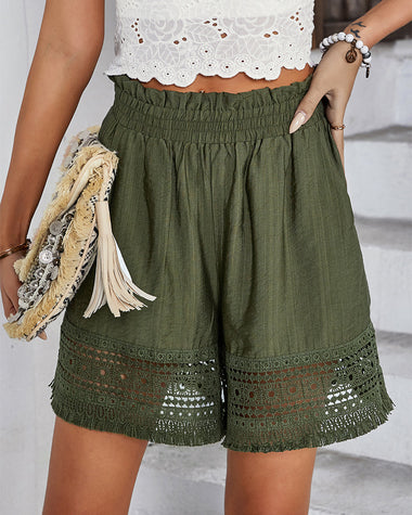 Casual High Waist Stretch Lace Hollow Lace Wide Leg Shorts