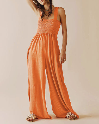 spaghetti strap jumpsuit casual sleeveless ruffled with pockets high waist loose wide leg pants romper