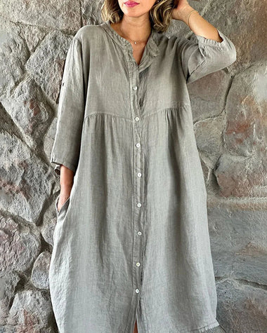 single breasted button long dress casual 3 4 sleeve solid loose shirt dress