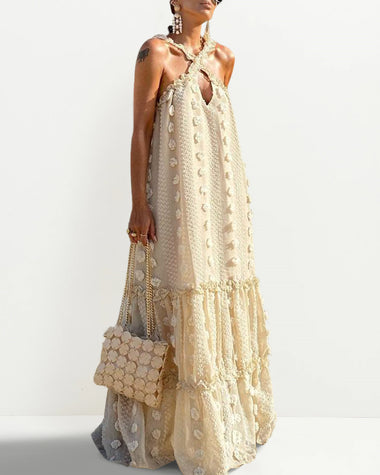Flowy Cut Out Halter Neck Long Dress 3D Flower Chiffon Ruffle Frill Tr ZEAGOO Flowy Cut Out Halter Neck Long Dress 3D Flower Chiffon Ruffle Frill Tr ZEAGOO