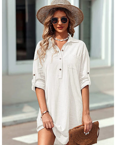 Zeagoo Women's Cotton Shirt Dress Button Down Roll-Up Sleeve Linen Henley Tunic Top Summer Beach Coverup (US Only)