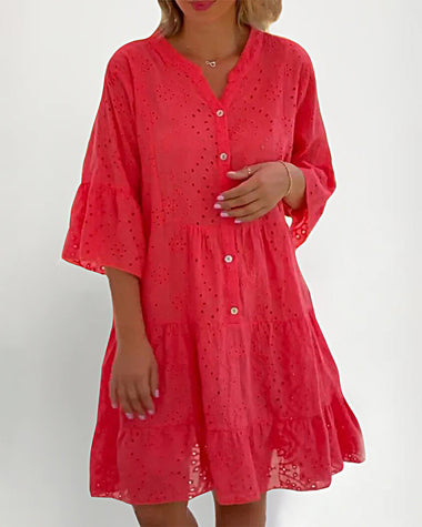 V-Neck 3/4 Sleeve Loose Embroidered Hollow Out Plus Size Blouse Dress