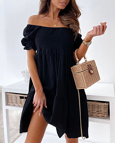 off shoulder summer casual dresses solid loose fit short flowy pleated dress swing beach sundress