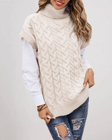 Turtleneck Sleeveless Cable Knitted Tank Tops Casual Loose Solid Sweater