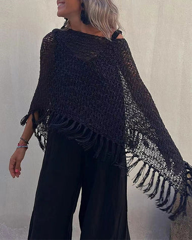Dolman Sleeve Fringe Knit Sweater Pullover Cape Shawl Blouse