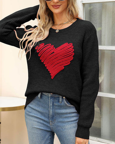 Casual Heart Round Neck Pullovers Long Sleeve Sweaters