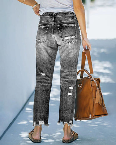 High Waisted Straight Leg Ripped Boyfriend Jeans Frayed Ankle Denim Pants