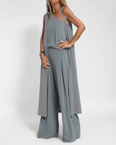 Three-Piece Set One-Shoulder Vest T-Shirt, Sleeveless Open-Front Cardigan, and Wide-Leg Pants