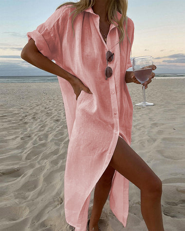 Turn-Down Collar Long Sleeve Single Breasted Loose Shirt Dress Solid Color Summer Beach Dresses