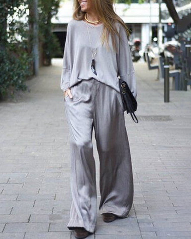 casual two piece soft loose long sleeve top wide leg pants set
