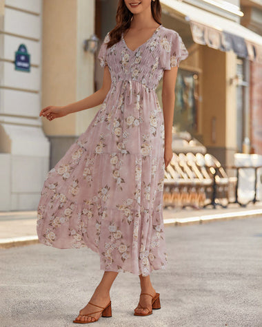 V Neck Short Sleeves Smocked Tiered Mauve Floral Maxi Dress