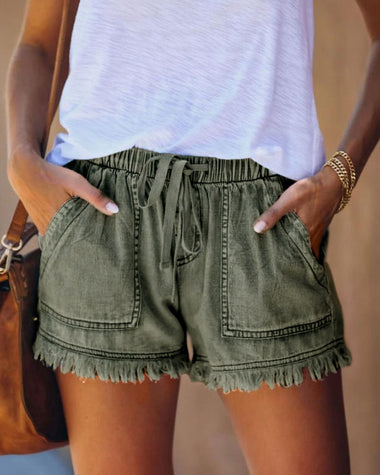 denim shorts casual drawstring elastic waist summer frayed tencel short jeans with pockets