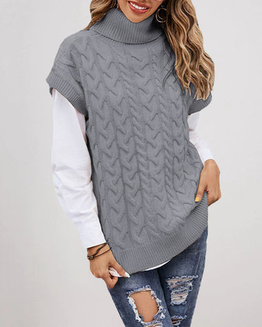 Turtleneck Sleeveless Cable Knitted Tank Tops Casual Loose Solid Sweater