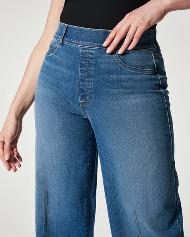 seamed front wide leg jeans elastic waist stretch denim flare jeans