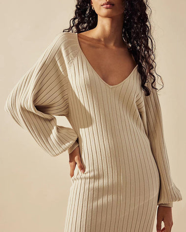 Casual Solid Color Knitted Dress V-neck Sweater Dress