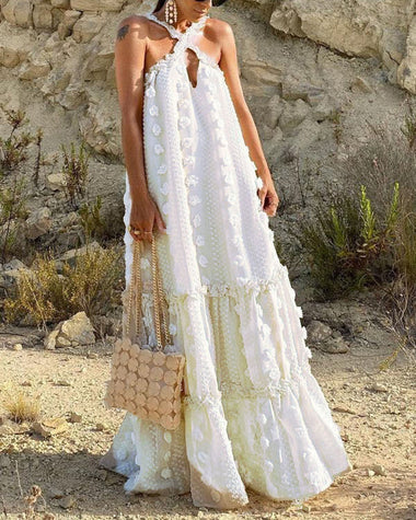 Flowy Cut Out Halter Neck Long Dress 3D Flower Chiffon Ruffle Frill Tr ZEAGOO Flowy Cut Out Halter Neck Long Dress 3D Flower Chiffon Ruffle Frill Tr ZEAGOO