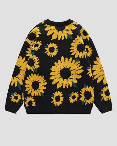 Sunflower Pattern Embroidery Knit Sweater Casual Loose Round Neck Unisex Sweater