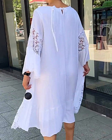 Lace Hollowed-out Long Sleeves Round Neck Loose-Fitting Dress