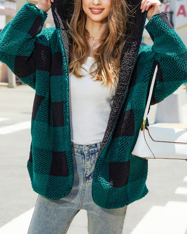 Plaid Oversized Casual Open-Front Double-Layered Fleece Coat